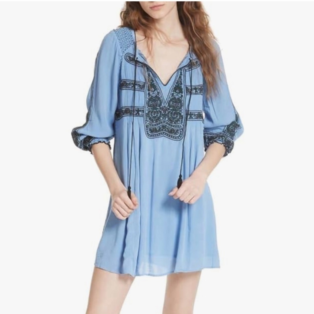 Free People Wind Willow Boho Embroidered Peasant Dress. Periwinkle Gauzy Size S